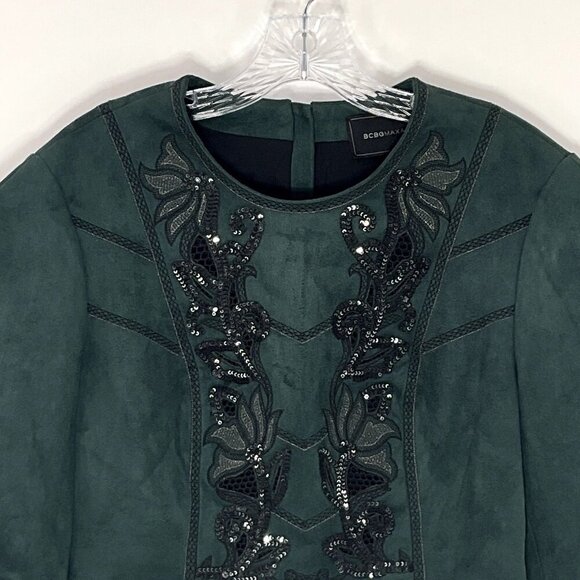 BCBGMaxazria Top Women S Green Embroidered Faux Suede Sequins Cropped Festive - Picture 4 of 12